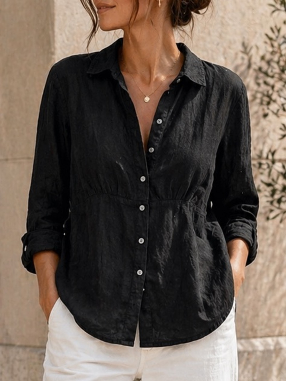 Talbots Black Irish Linen Blouse | Relaxed Empire Waist Coastal Capsule Top M